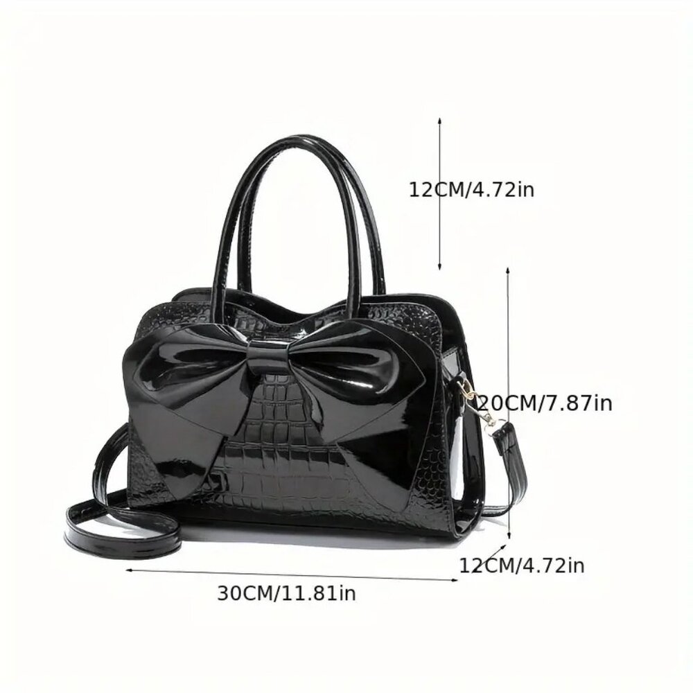 Black Crocodile Pattern Bow Handbag | Patent Faux Leather Purse w/ Strap - Picture 4 of 7